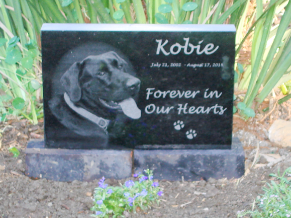 Granite pet memorial with dog photo laser etched engraved